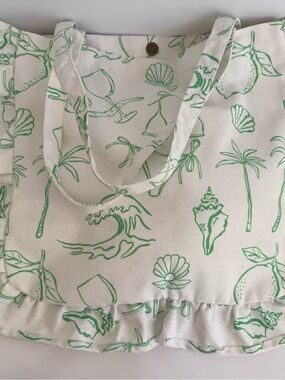Canvas Beach Tote with Green Tropical Print